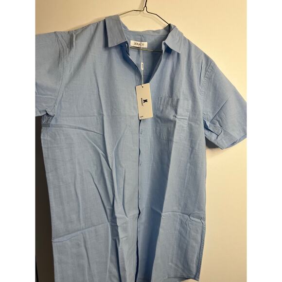 JEKAOYI Linen Blend Short Sleeve Button Down Pocket Shirt Men's Large Blue - Picture 2 of 8